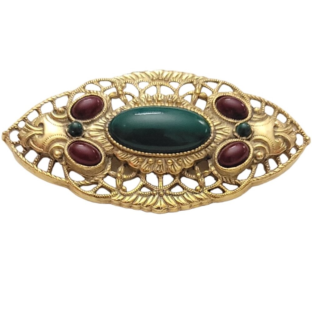 1928 Jewelry Brand Gold Tone Wine, Green Lucite Cab Filigree Oval Brooch K10
